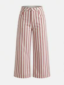 lacRébo Pink Stripe High-Waisted Straight Fit Cropped Jeans Summer Casual Cute Cotton Pants Vintage Back-To-School Everyday School Brunch - Pink - View 7