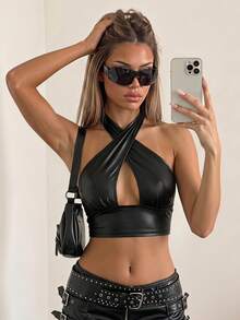 SHEIN ICON Solid Criss Cross PU Leather Halter Black Top - Black - View 2