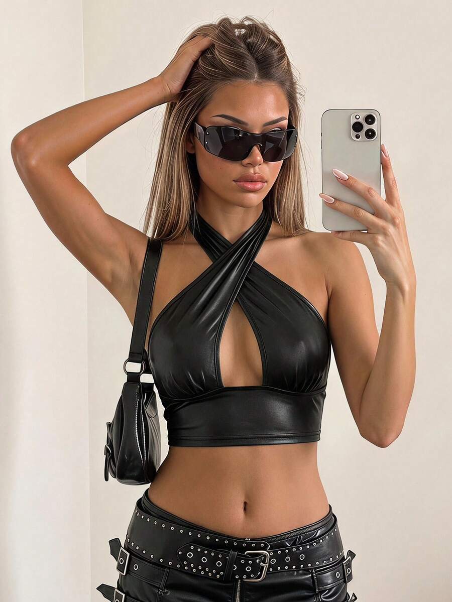SHEIN ICON Solid Criss Cross PU Leather Halter Black Top