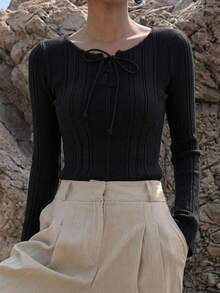 FRIFUL Women's Casual Solid Color Long Sleeve Drawstring T-Shirt - Black - View 6