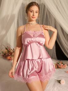 DelicateAllure Pink Satin Sexy Minimalist Sexy Back Cross Lace Plus Size Pajama Set Summer - Pink - View 4