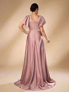 Serin Elegant Dusty Pink Satin V Neck Flutter Sleeve Rhinestone Beaded Ruched Pleated Mermaid Train Floor Length Mother Of The Bride Wedding Guest Gown - Pink - View 6