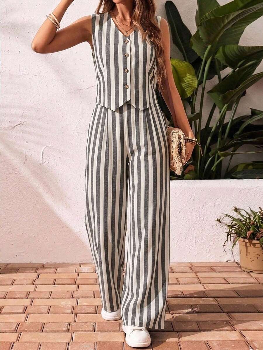 SHEIN Frenchy 51 棉製女款休閒度假背心與長褲兩件套,黑白條紋,夏季街頭風,適合日常通勤、約會早午餐、聖誕節 - 彩色 - 查看 1