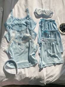 Comfortcana 6件套女士休闲修身仿门襟蕾丝拼接印花吊带背心和短裤睡衣套装 - 藍色 - View 3
