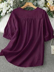 Modelyn Áo blouse nữ họa tiết thêu hoa phong cách thường ngày đa năng mặc hàng ngày - Màu tím - Xem 2