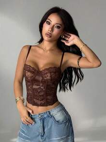 SHEIN PETITE 咖啡棕色蕾絲透視細肩帶上衣，時尚夜店風夏季女款束腰上衣，適合派對約會之夜，小碼女款 - 棕色 - 查看 4