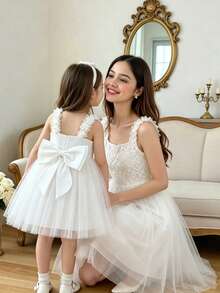 Glamorique Kids Girls Birthday Party Children's Dress Floral Spaghetti Strap Backless Mesh Princess Gown Flower Girl Puffy Tulle Skirt - White - View 9