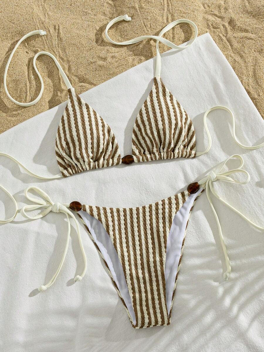 Swim Mod 女款春夏海灘音樂祭針織提花條紋串珠掛脖性感時尚優雅比基尼套裝 - 彩色 - 查看 1