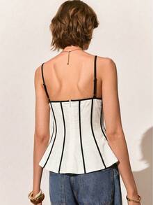 Poéselle 100% Pure Slub Cotton Color Trim Cami Tank Women, Summer Fashion Sleeveless Vest, Fall Winter Inner Layering Top For Back To School - White - View 2