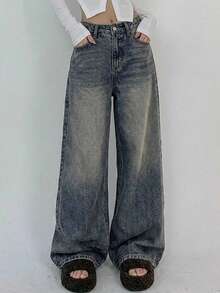 DAZY Women's Regular Mid-Waist Loose Wide Leg Street Casual Urban Denim Jeans - Medium Wash - View 7