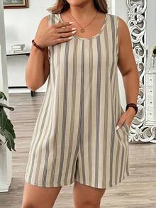 Comfylo Plus Size Women's Summer Vacation Style Striped Pattern Round Neck Casual Jumpsuit With Pockets, Suitable For Travel, Vacation, Summer And Daily Wear - Multicolor - View 5