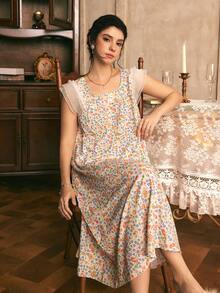Côtesoire French Elegant Romantic Pastoral Ditsy Floral Mesh Ruffle Trim Patchwork Loose Comfortable Woven Women's Nightgown - Multicolor - View 6