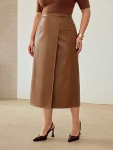 MOTF PREMIUM PLUS SIZE WOMEN'S PU LEATHER ELEGANT FASHIONABLE METAL DECOR WRAP HEM SKIRT FALL - Khaki - View 6