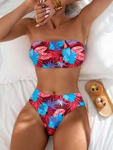 Swim Lushoire 女款 2 件式花卉印花抹胸比基尼泳衣套裝，度假適用 - 酒紅色 - 查看 4