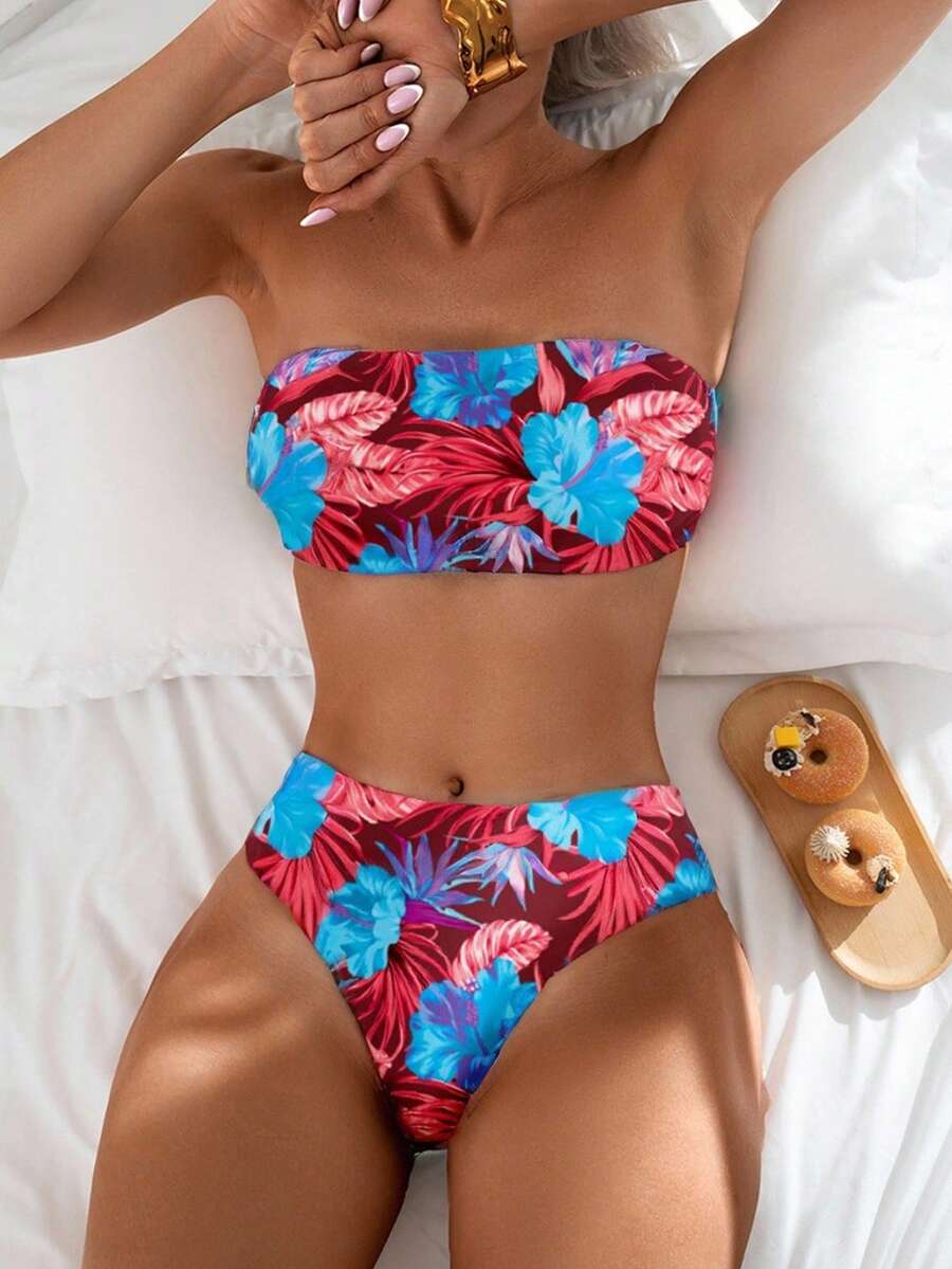 Swim Lushoire Women's 2 Pieces Floral Print Bandeau Swimsuit Set For Vacation - Burgundy - View 1