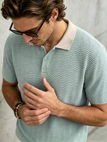 TONEVAULT Men's Fashion Textured Button Half-Placket Short Sleeve Knit Top Vacation Sage Green Autumn Casual - Light Grey - View 4