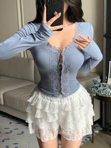 DAZY 女款休閒婚禮長袖藍色蕾絲飾邊拼接針織短版上衣 T-shirt，秋季 - 藍色 - 查看 11