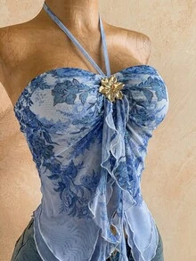 Soleia 新款開學季休閒度假風 西式海灘婚禮賓客穿搭 畢業早午餐女裝 聖帕翠克節 春假 復活節 音樂節 優雅波希米亞熱帶風 透視網紗印花 金屬裝飾 掛脖繫帶 不對稱下擺 抹胸露背女上衣 - 藍色 - 查看 6