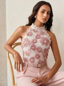 Anewsta Women's Heavy-Duty Stand Collar Textured Floral Fabric Lace Patchwork Top - Pink - View 4