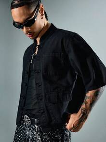 ROMWE MEN Street Life Men's Chinese Collar Denim Shirt - Black - View 5
