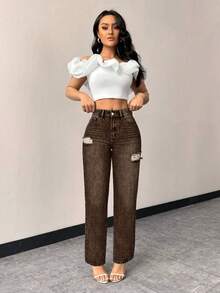 SHEIN EZwear 女款休閒修身破洞直筒牛仔褲，附口袋 - 咖啡棕 - 查看 4