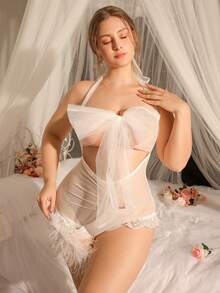 Spicy Aura Body sexy minimalista de malla blanca con lazo, cordones y abertura, lencería talla grande - Blanco - Ver 5