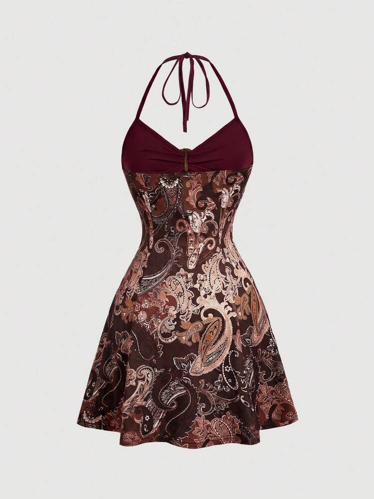 Skyraze Women's Vacation Casual Boho Paisley Print Patchwork Backless Halter Neck Mini Dress Vacation Burgundy Summer - Burgundy - View 5