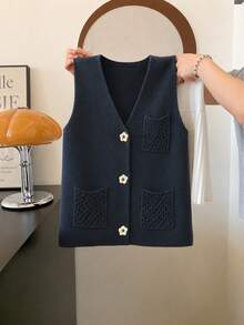 EMERY ROSE Plus Size Women's Spring/Autumn Casual Minimalist Commuter Style Hollow Pocket Handmade Button V-Neck Single-Breasted Loose Knit Vest Fall - Black - View 3