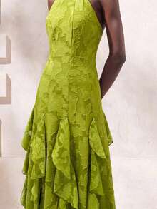 Aveloria Modichic French Elegant Elegant Vacation Date Chiffon Spaghetti Strap Round Neck Cinched Waist Vertical Split Design Patchwork Ruffle Hem Slimming Fitted Sleeveless Long Dress For Women - Green - View 2