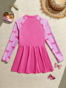 SHEIN 青少年女孩條紋蝴蝶結印花長袖連身泳裝裙，適合海灘度假、泳池派對、海灘派對 - 玫紅色 - 查看 2