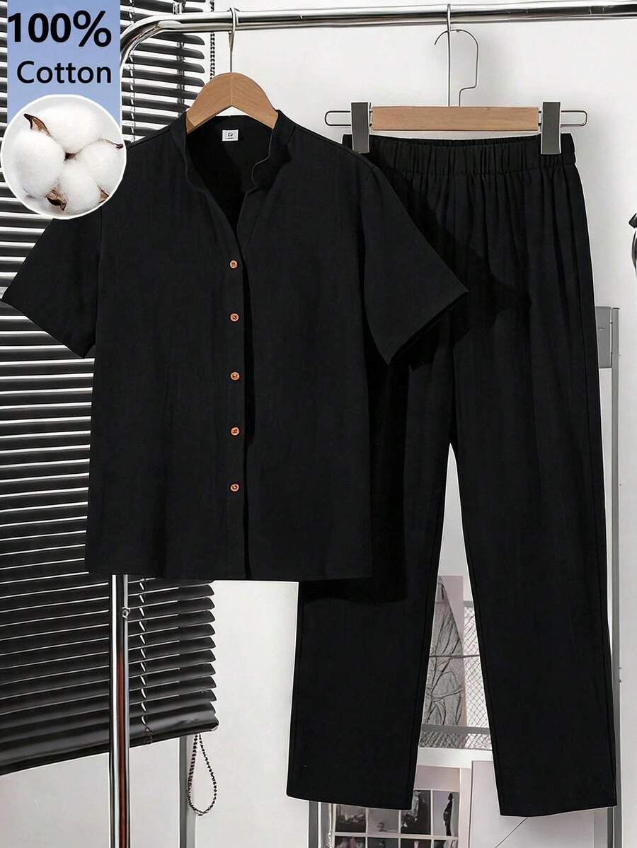 SHEIN 2件組青少年男孩寬鬆對比色圖案印花 Polo 領短袖針織上衣套裝,休閒風 - 黑色 - 查看 1