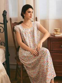 Côtesoire French Elegant Romantic Pastoral Ditsy Floral Mesh Ruffle Trim Patchwork Loose Comfortable Woven Women's Nightgown - Multicolor - View 1