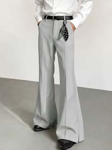 Manfinity Hypemode Men's Casual Strench Flare Pants Solid Color Mid Rise Slim Fit Trousers With Pockets - Grey - View 4