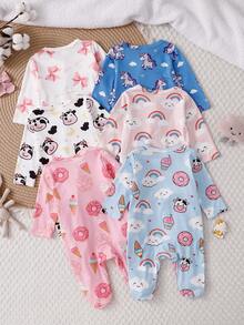 Random 1sets Newborn 0-12 Months Jumpsuit Forest Style Cute Ditsy Floral With Chain Craft Contrast Color Fresh Style Long Sleeve Footed Open Crotch - Multicolor - View 2