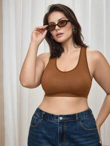 Bralution Brown High Elasticity Padded High Coverage Textured Back-Flattering Wearable Sports Casual Plus Size Women's Sports Bra - Brown - View 3