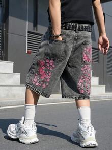 Manfinity EMRG 男士街頭風休閒刺繡灰色牛仔短褲 - 深灰色 - 查看 4