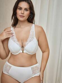 Bralution Sujetador con aros de cobertura total en blanco con ribete de encaje, alta encapsulación y soporte, levantamiento y realce, cierre frontal, elegante encanto, talla grande - Blanco - Ver 6