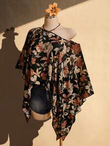 SHEIN ICON 女款大尺碼楓葉圖案不對稱單肩披肩上衣 - 彩色 - 查看 4