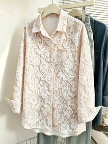 Resyla Blusa de encaje de manga larga con solapa y abotonadura sencilla de un solo pecho, de unicolor, adecuada para uso diario - Multicolor - Ver 6