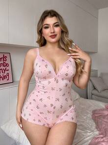 PetitDoll Plus Size Women's Floral Print Casual Daily Home Wear Spaghetti Strap Romper - Baby Pink - View 1