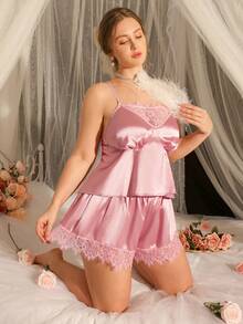 DelicateAllure Pink Satin Sexy Minimalist Sexy Back Cross Lace Plus Size Pajama Set Summer - Pink - View 5