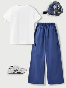 SHEIN Casuvi Kids 2件組青少年女孩夏季休閒T恤套裝，仿牛仔拼接印花圖案裝飾圓領短袖T恤與工裝長褲，適合春夏時尚穿搭 - 藏蓝色 - 查看 3