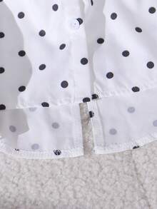 SHEIN Elladie kids 2件套女童拼接黑白波點不對稱領長袖條紋後背蝴蝶結裝飾上衣與黑白波點長褲，學院休閒風，適合四季穿著 - 白色 - 查看 6