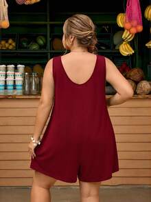 SHEIN CURVE+ 女款大尺碼純色圓領口袋休閒軟挺商務休閒寬鬆連身褲，適合早午餐、度假，酒紅色，夏季 - 酒紅色 - 查看 3