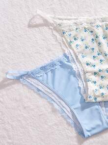 SHEIN 3件組蕾絲拼接花卉印花女款三角內褲 - 彩色 - 查看 4