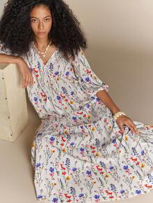 Écloséra French Country-Style Floral V-Neck Maxi Dress With A Drawstring Waist And Three-Quarter Lantern Sleeves-A Versatile, Casual Piece For Autumn Styling. - White - View 2