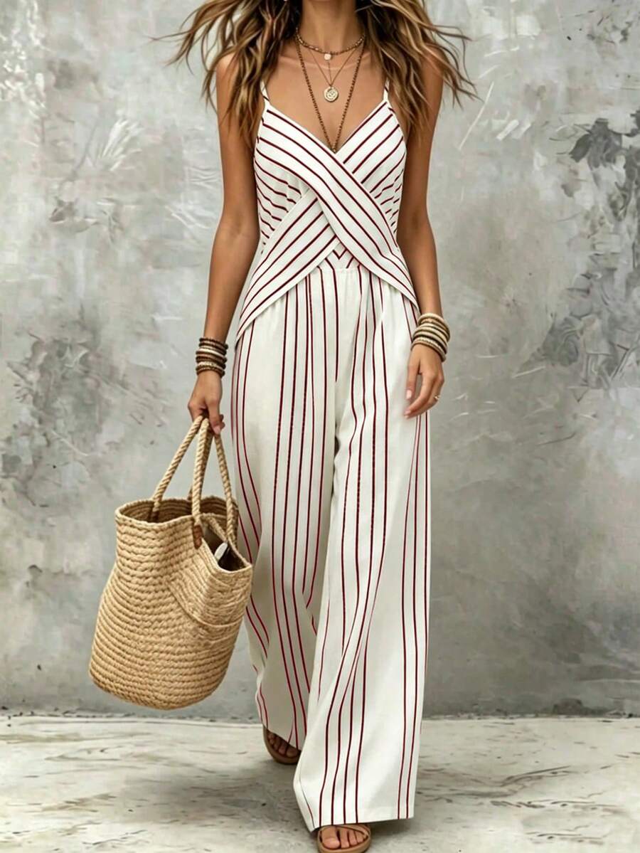 SHEIN Holidaya Mono de mujer sexy y estilizado con diseño de tirantes, sin mangas, a rayas y cintura ceñida, estilo europeo y americano, mono de primavera/verano para mujer, top sin mangas, ropa de primavera, atuendo de verano, vacaciones, salidas, Y2K, primavera, verano, vuelta al colegio, casual, playa, negocios, versátil, sexy, mono de mujer color albaricoque, mono de mujer a rayas - Burdeos - Ver 1