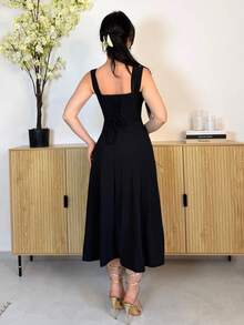 Vassilux Women's Vintage Black Fishbone Pattern Asymmetric Shoulder Dress Elegant Summer - Black - View 2