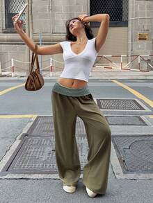 Aloruh Olive Green Striped Patchwork Waistband Sweatpants - Olive Green - View 7