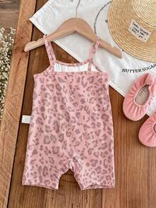 SHEIN LMoss Kids 復古美拉德卡其豹紋波點圖案，Chill Chill，嬰兒與女嬰圖案，女嬰休閒細肩帶連身褲，適合春夏季 - 彩色 - 查看 7